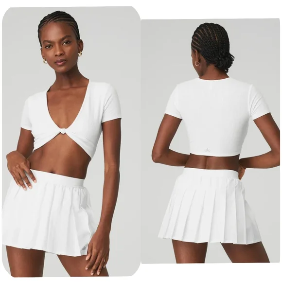 Alo Ribbed Knotty Short Sleeve Top | White | S - Picture 1 of 5